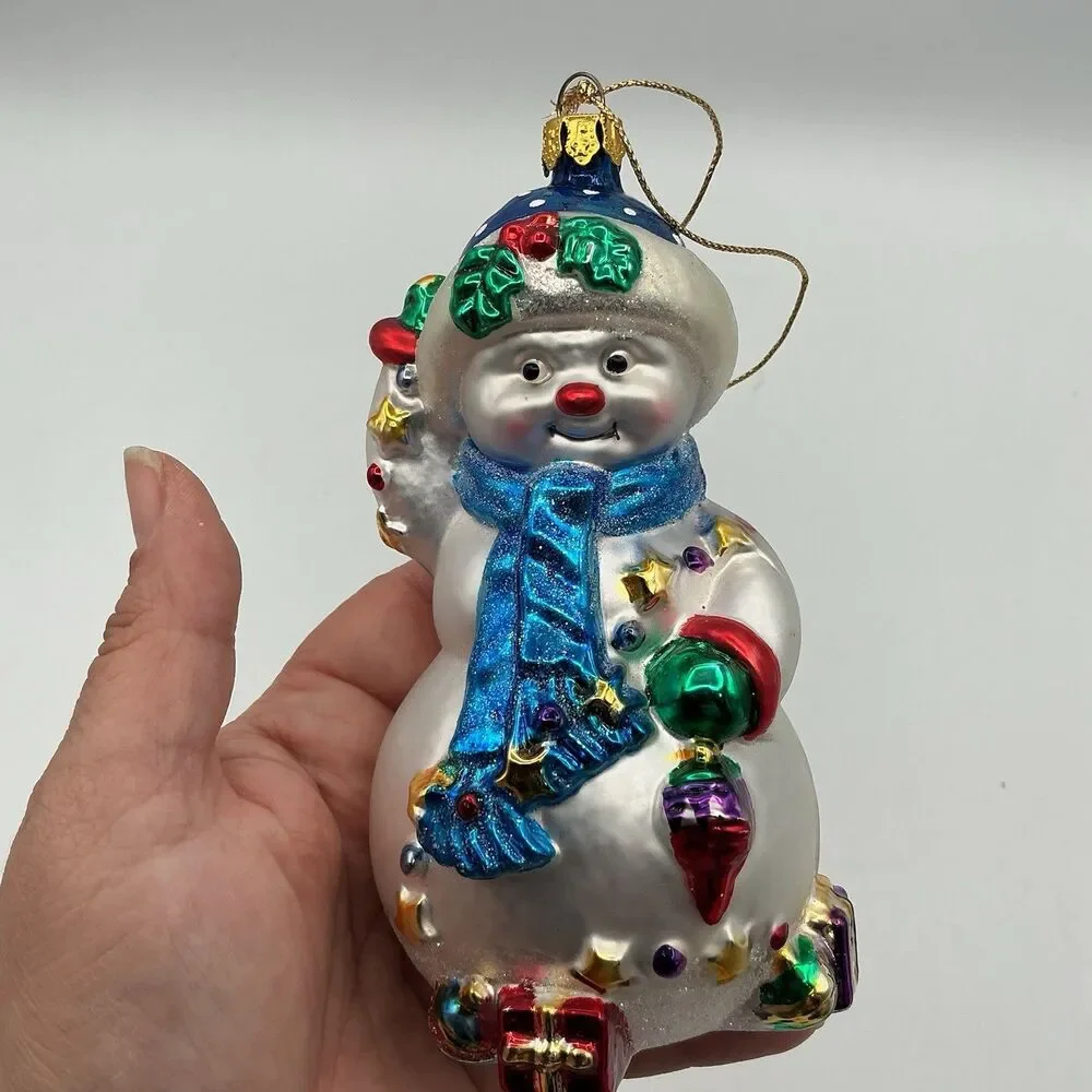Vintage Snowman Glass Christmas Ornament Blue Scarf Presents Holiday Decor